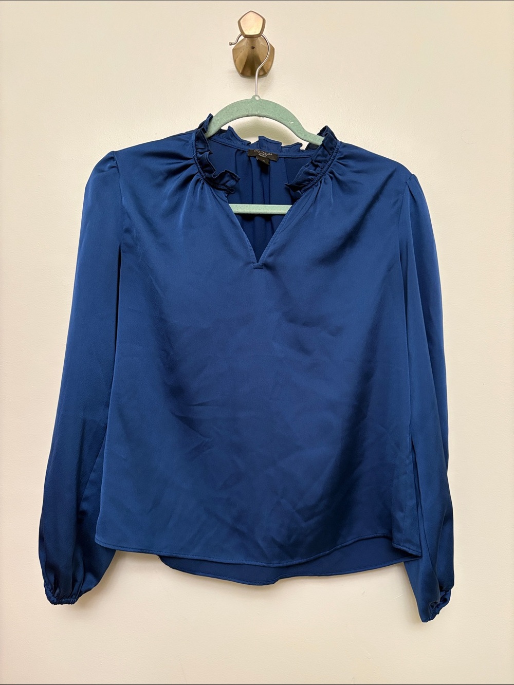 Ann Taylor Factory Royal Blue Split V Neck Blouse with Ruffled Collar